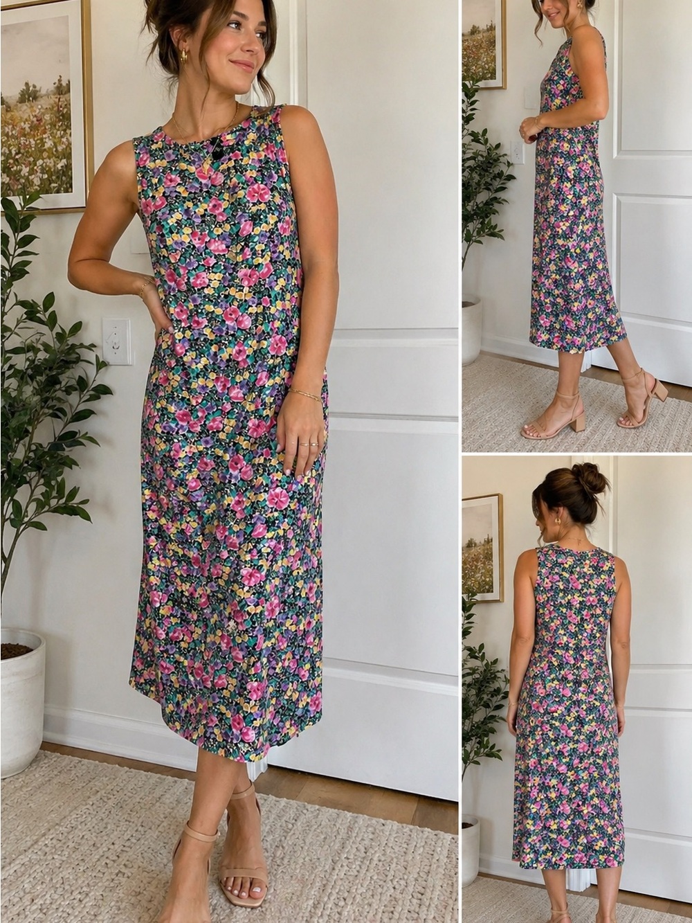 O.U.R. Designs Vintage Floral Multicolor Midi Dress Sleeveless Vintage Style Y2K